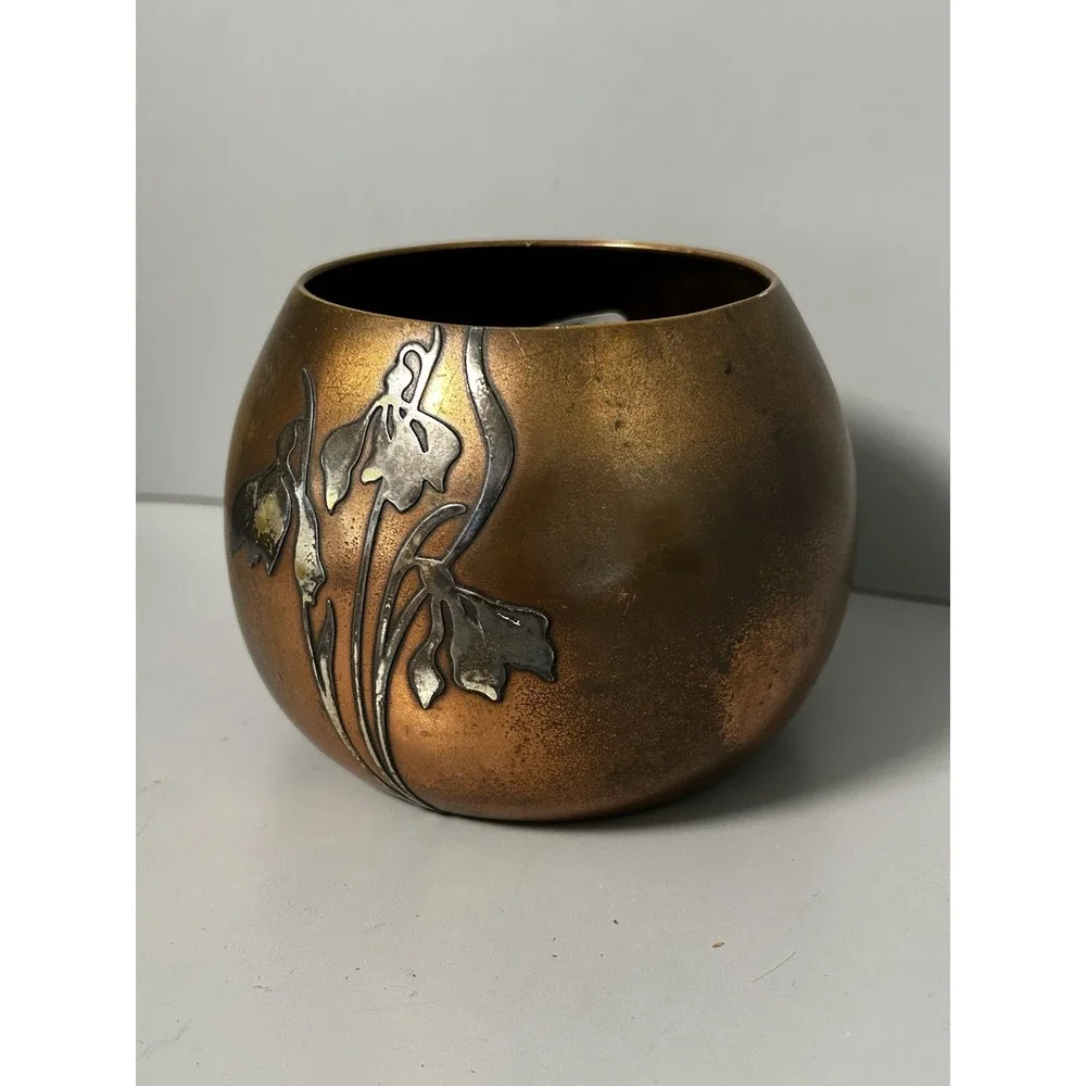 Otto Heintz Sterling Silver on Bronze Floral Round Ball Vase Art Nouveau Deco